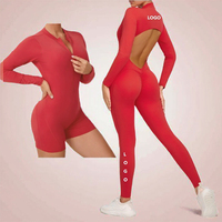 Combinaison courte pour femme à motif écossais, col rond, manches longues, séchage rapide, en Spandex/Nylon, idéale pour le yoga, la gym, le fitness, marque personnalisée