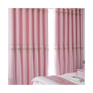 Hot Selling Flower Embroidery Lace Blackout Double Layers Curtain For Bedroom Living Room All-season