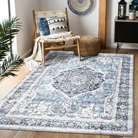 Tapis d'intérieur lavable de style bohème vintage 3x5 pieds, ultra doux, à poils ras, antidérapant, résistant aux taches, bleu clair, pour salon