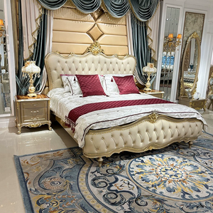 Muebles de Dormitorio de Lujo Europeos en Cuero Genuino, Cama King Size, Cama Francesa Antigua Tallada en Madera Maciza con Diseño de Hojas, para el Hogar - Product Image 1