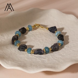 Gelang Batu Giok & Iolit Malaysia Buatan Tangan dengan Manik-manik Emas, Perhiasan Batu Asli untuk Wanita - Product Image 4