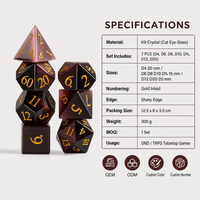 Jeu de dés polyédriques carrés K9 Crystal Cat Eye 7 pièces RPG DND Dungeons and Dragons avec chiffres incrustés d'or et bords tranchants