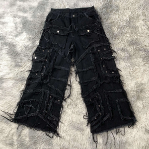 Supplier Streetwear Y2k Membuat Celana Denim Patchwork Fringe Gaya Hip Hop Jalanan untuk Pria, <span class=keywords><strong>Jeans</strong></span> Baggy Ripped - Product Image 1