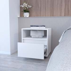 White 1-Drawer Nightstand With <b>Open</b> Shelf And Wheels For Bedroom <b>Storage</b> - Product Image 2