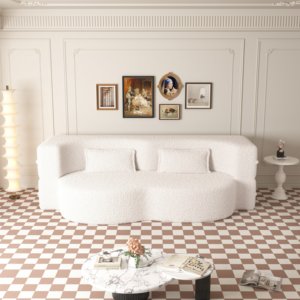 Modern Beige Floor <b>Sofa</b> Teddy Fabric Sponge-Filled Pillows Convertible 15" Full Size Folding Sleeper <b>Bed</b> Living Room - Product Image 2