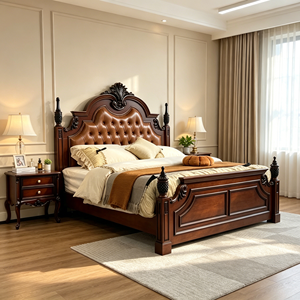 Traditional Queen Size Solid Mahogany Bed with Genuine Leather Tufted Upholstery and Carved Wood <b>Frame</b> - Product Image 1