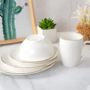 Luxury Porcelain White Round Kitchen Dinner Set With Gold Rim Durable Dishes, Plates, Bowls, Mugs
