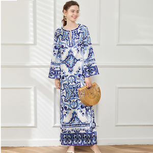 ANSZKTN-Vestido con abertura y estampado de mayólica retro para mujer, vestido suelto de manga larga, maxi vestido informal - Product Image 2