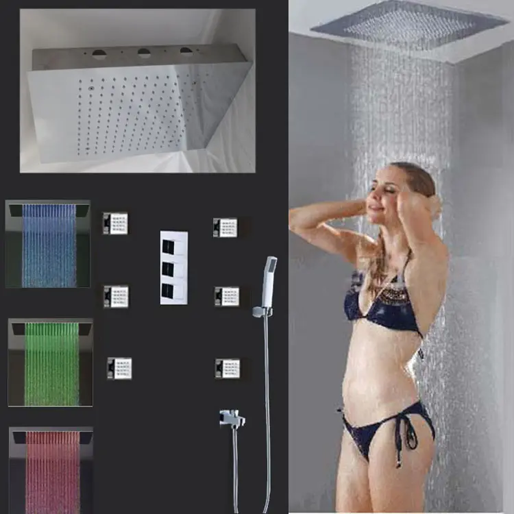lumières 3 couleurs changeantes hydroélectrique LED bain douche tête de douche de rectangle avec 3 voies en laiton inverseur
