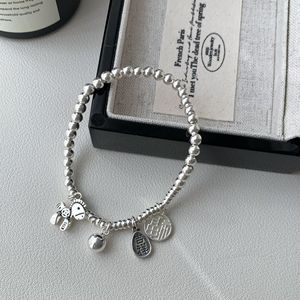 S925 Sterling <b>Silver</b> Bracelet With Fu Charm <b>Beaded</b> Elastic Rope Chinese Style Everyday Wear Unisex Jewelry - Product Image 2