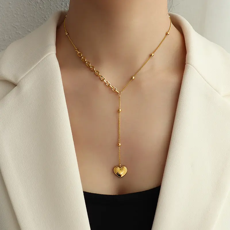 French 18k Gold Gao Ding English Peach Heart Love Steel Ball Fringe Necklace Clavicle Chain