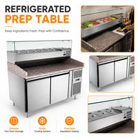 Meja Persiapan Pizza Komersial dengan Top Marmer, Stainless Steel, Pendingin, dan Pelindung Kaca, Dilengkapi Wadah GN