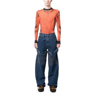 Prix de gros Jean décontracté mode délavé style urbain unisexe bleu coupe cowboy à revers haut et jambe large - Product Image 4