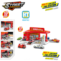 Ensemble de jeu multifonctionnel 3-en-1 HTL : Station-service, parking et voitures miniatures en métal moulé sous pression – Pour les 5 ans et plus, unisexe