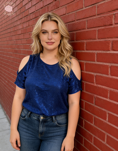 Plus Size <b>Blue</b> Sequin Cold Shoulder <b>Top</b> Women Short Sleeve Round Neck Sparkle Blouse For Club Night Party Daily Wear - Product Image 1