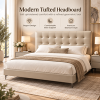 Lit plateforme moderne capitonné avec tête de lit à grille, pieds en métal à profil bas, pour hôtel, appartement, chambre à coucher, tailles King et Queen