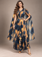 Nouvelle Arrivée Robe Femme Plissée Grande Taille Col V Manches Cape Imprimé Floral Ceinture Perlée Élégante Vente en Gros Style Miyake