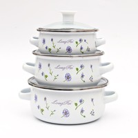 Ensemble de casseroles en émail à motifs floraux personnalisés, 3 pièces, ustensiles de cuisine en métal, commande minimum de 100 pièces pour le camping
