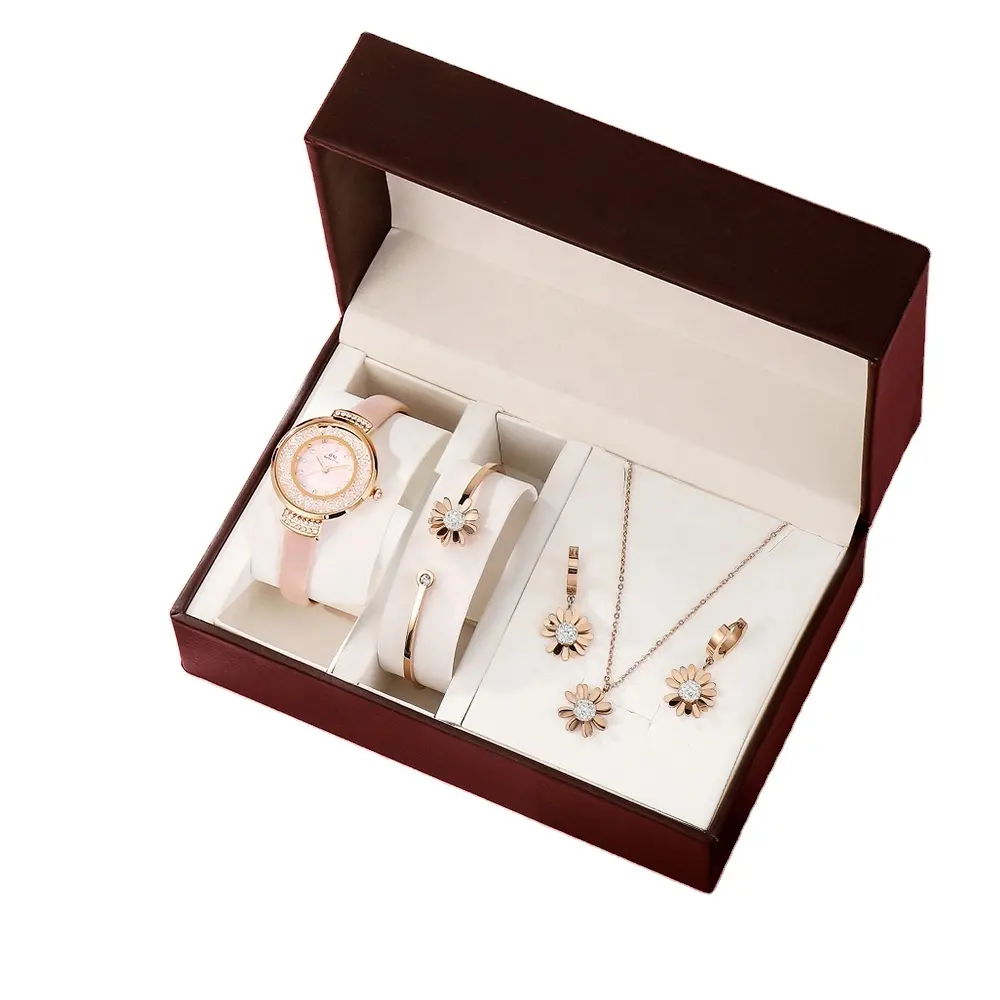Luxury 5pc Jewellery Bangle Ladies Watch And Bracelet Gift Set Diamond Quartz Woman Watch Set Bracelet Necklace