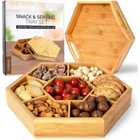 Bamboe serveerplateau set met aangepaste privélabel verpakking, verdeeld houten hapjesplateau voor gedroogd fruit, noten, kaas en charcuterie