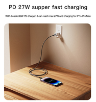 YESIDO kabel Data pengisian daya cepat, kabel Data Tipe C ke IP 27W, kabel Data logam paduan aluminium 3 Meter untuk IP CA115