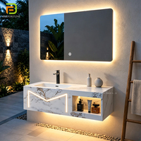 Meubles-lavabos de salle de bain en pierre frittée à surface solide, avec vasque en dalle de roche, armoire murale double vasque et miroir LED