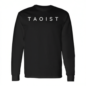 T-shirt taoista a maniche lunghe con design moderno con caratteri, girocollo nero, abbigliamento unisex - Product Image 2