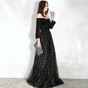 Abito da sera a-line <span class=keywords><strong>paillettes</strong></span> nere brillante o-collo mezza manica abito da ballo formale donna Vintage lungo fino al pavimento abito da festa - Product Image 3