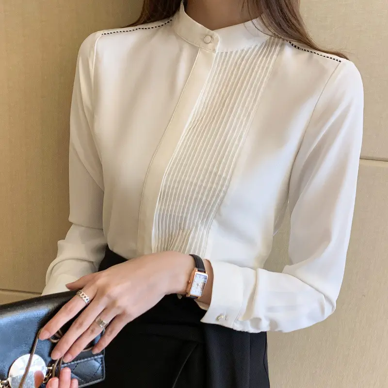 Spring And Autumn New Women's Long Sleeve Shirt Korean Casual Solid Color Elastic Chiffon Stripe Blouses Thin Slim Top