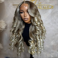 Perruque Ondulée Profonde Ombrée Brune en Cheveux Humains Vietnamiens pour Femmes 2T Sans Colle 13*6 Perruques Frontales en Dentelle HD Blond Cendré 13*4 Raide Os