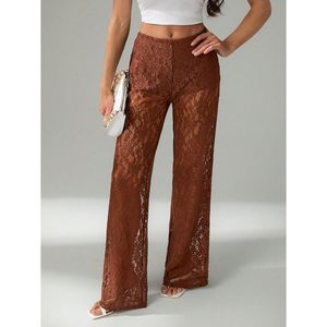 Women's Floral <b>Lace</b> Sheer Straight Leg Pants Natural Waist Club Wear - Product Image 4