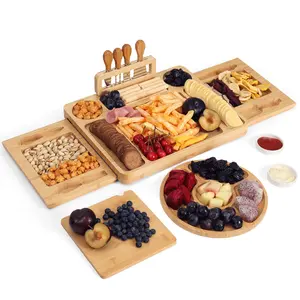 Bamboo Large Cheese Board And Knife Set Premium Acacia Wood Serving Board Timber Cheese Board With Utensils Rectangle