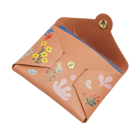Dompet Kartu Kredit Mini Kulit PU Logo Kustom Fashion, Dompet Koin Kancing Tekan Motif Bunga untuk Wanita dan Remaja Putri