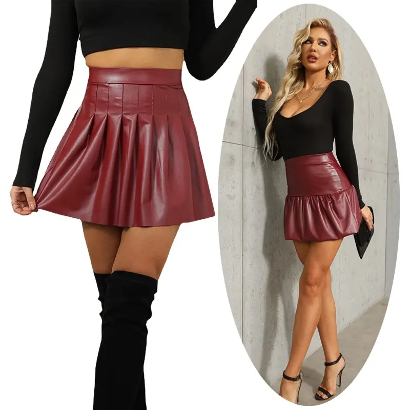 Schwarze glänzende Leder röcke für Damen Y2K-Stil Hoch taillierte Plissee-Shorts Rote Unterteile Rüschen kleid Skater rock