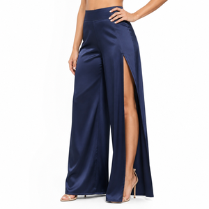 <span class=keywords><strong>Pantalon</strong></span> Palazzo en Satin Bleu Nuit Personnalisé pour <span class=keywords><strong>Femme</strong></span>, Taille Haute, Fente Latérale, Élégant, Brillant, pour Soirée et Cérémonie, Effet Spectaculaire - Product Image 2