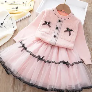 2022 Autumn Winter Girls Clothes Wholesale Long Sleeve O Neck Knitted Sweater Pullover Pleated Skirt 2pcs Kids Clothing