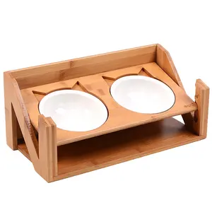 Bamboo Dogs Cats As Pet Food Bowl Stand Feeder Elevated Food Water Feeding Station With 2 Ceramics Bowls
