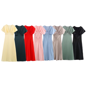 Vestido Midi de Seda Satén Tejido Natural Transpirable con Manga Corta Estilo Dulce y Chic para Mujer, Nueva Colección Verano 2026 - Product Image 1