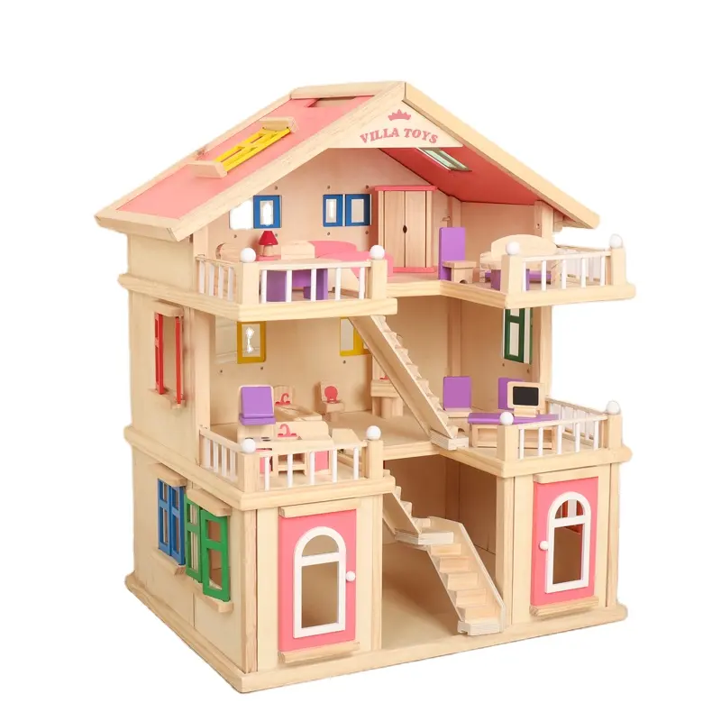 Yüksek kalite sıcak satış oyuncak çocuklar ahşap bebek Villa ile bebek odası mobilya bebek evi