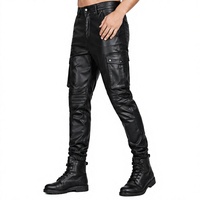 Pantalon cargo en cuir pour homme, coupe slim, avec genoux côtelés, style motard, brodé, vintage, imperméable, personnalisé, noir, vente en gros