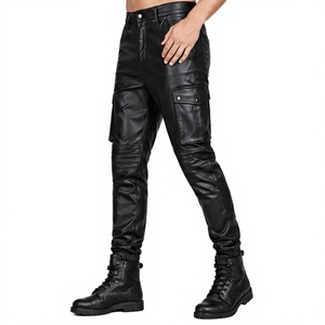 Wholesale Mens Leather Cargo Pants Ribbed Knee Slim Fit Motorcycle Biker Trousers Custom Black Faux Genuine Leather Joggers Men - Product Image 3