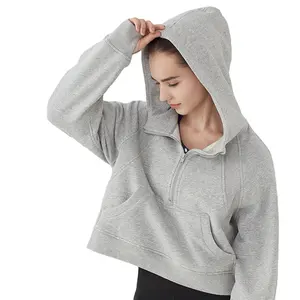 Sudaderas con capucha de manga larga para mujer, Tops cortos sexys con logotipo personalizado, sudadera con cremallera de gran tamaño, suéter con cremallera de cuarto de otoño