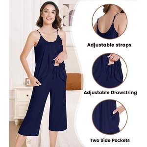 Ensemble de pyjama plissé en viscose de bambou pour femme, débardeur et pantalon capri, sans manches, respirant, décontracté, pour la nuit - Product Image 4