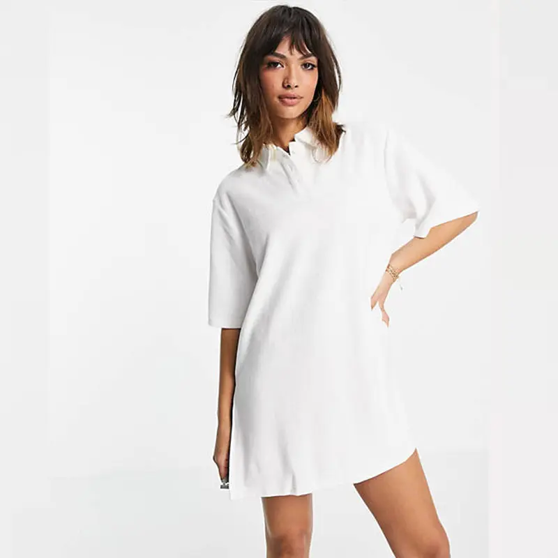 Hot Selling Woman Beach Wear Casual Summer Terry Toweling Blank White Button Down T shirt Beach dress for Women
