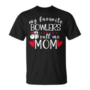 Camiseta de béisbol para adultos unisex de manga corta con cuello redondo y estampado serigráfico: Mis bowlingistas favoritos me llaman mamá - Product Image 1