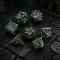 Lot de 7 dés polyédriques en métal torsadé creux noir canon de fusil et vert, personnalisables, écologiques et durables pour DND RPG, vente en gros