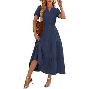 Abito Midi Casual da Donna a Maniche Corte con Scollo a V, Vita Elastica, Balze a Trapezio, Vestito da Vacanza con Tasche in Tessuto Traspirante S - Product Image 4