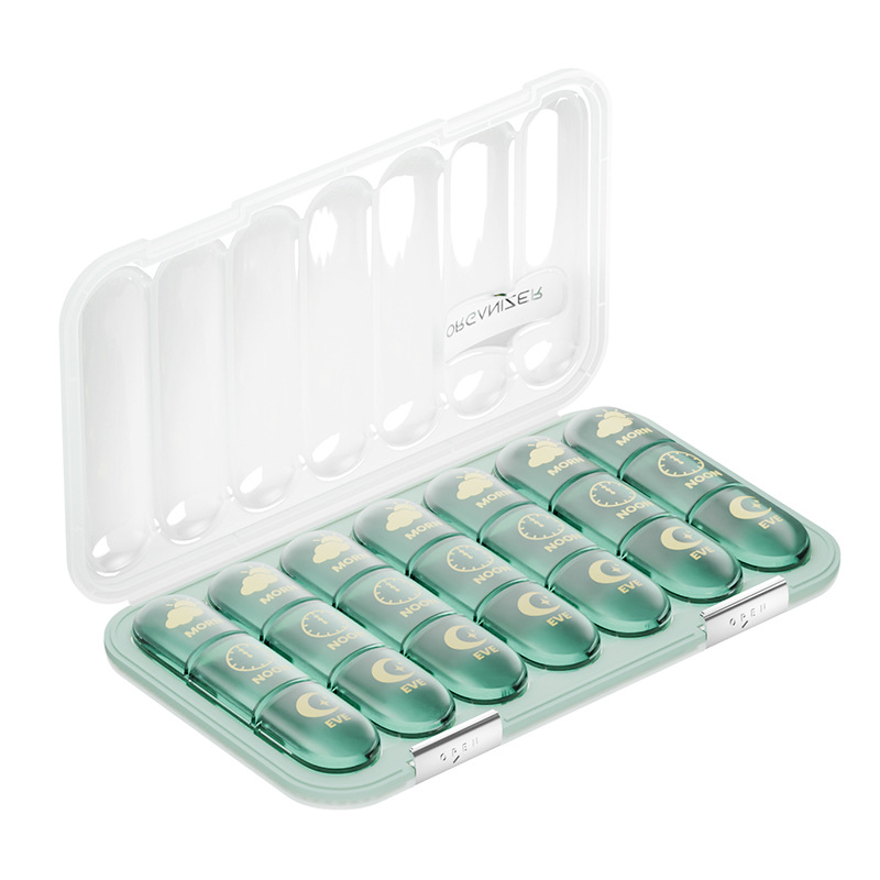 21-compartment pillbox [transparent green English label]