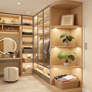 Modern Wood-Tone <b>Wardrobe</b> with Glass <b>Sliding</b> <b>Doors</b> LED Lighting & Vanity Niche <b>Large</b>-Capacity Bedroom Storage Furniture - Product Image 4