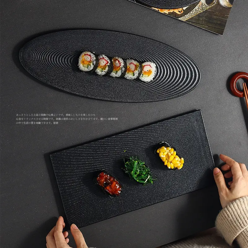 つや消し黒大型寿司トレイデザートプレート商業カトラリー長方形楕円形セラミックプレート